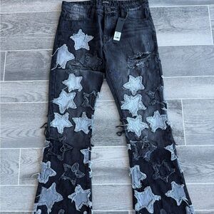 Fashion Nova Black and Gray Star Flare Jeans